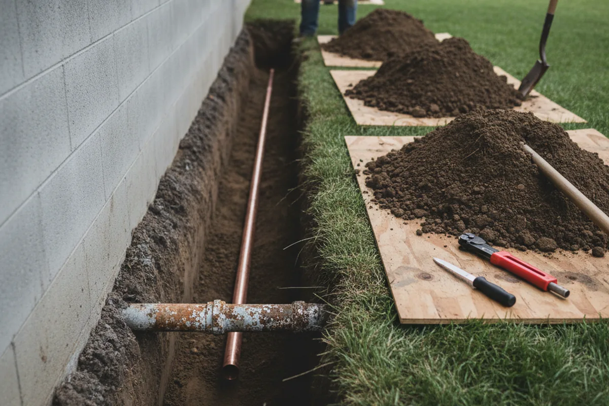 Excavated water line trench during Sewer Line Repair in Mount Sterling